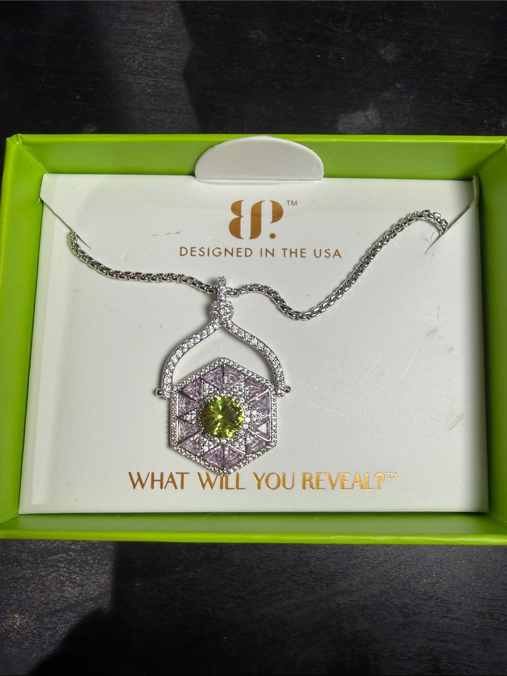 JP Peridot Green & Lavender Crystal Hexagon Pendant Necklace - Silver Tone